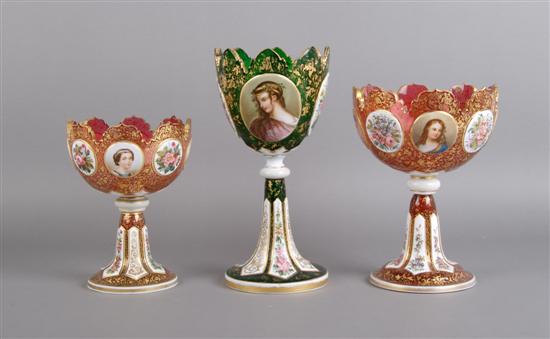 Appraisal: A Group of Three Bohemian Glass Compotes Height of tallest