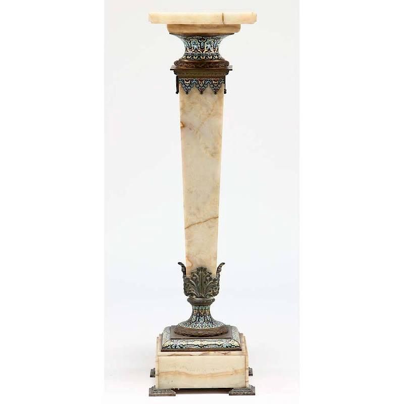 Appraisal: Continental Alabaster and Champleve Pedestal circa square swivel top supported