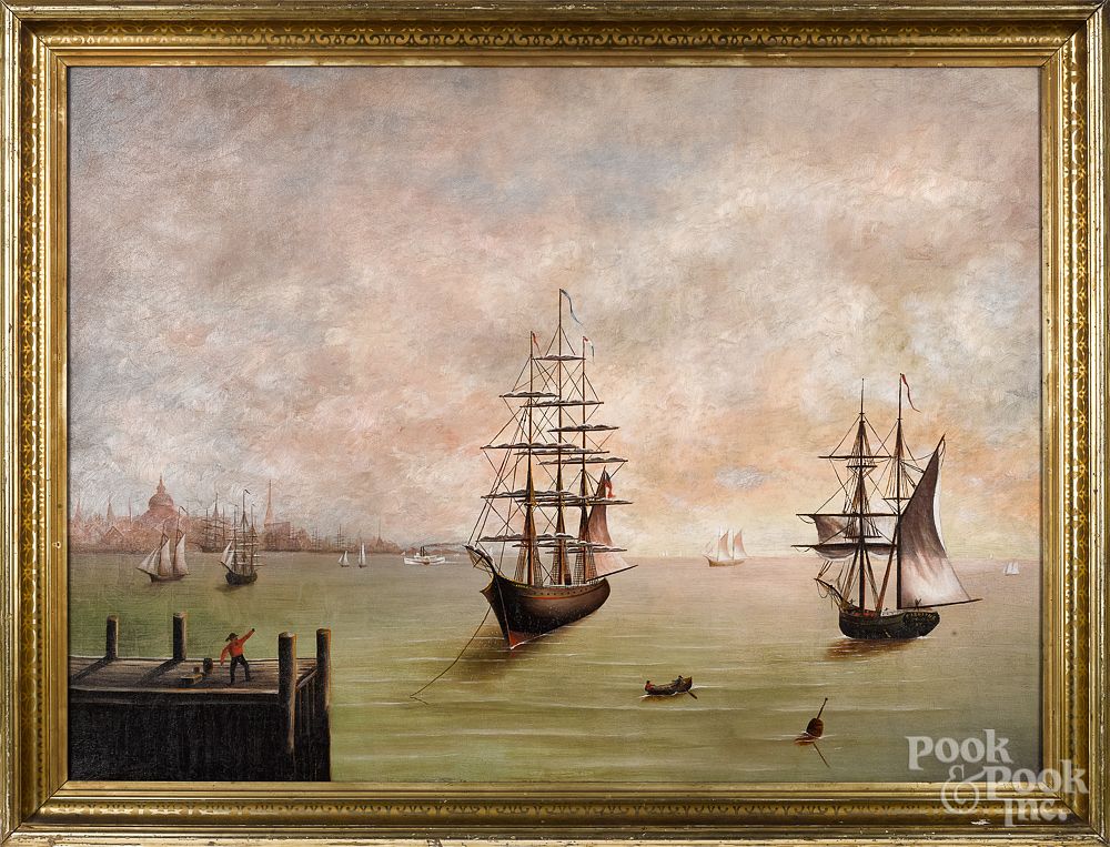 Appraisal: American oil on canvas harbor scene mid th c American