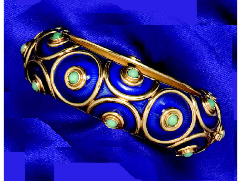 Appraisal: ENAMEL BRACELET k yellow gold bangle bracelet with circular scroll