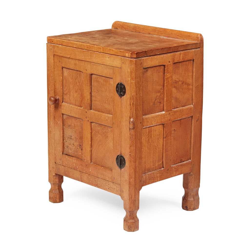 Appraisal: ROBERT 'MOUSEMAN' THOMPSON BRITISH - BEDSIDE CABINET CIRCA adzed oak