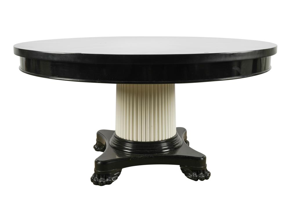 Appraisal: CONTEMPORARY ROUND DINING TABLEunsigned black and white-painted wood removable glass