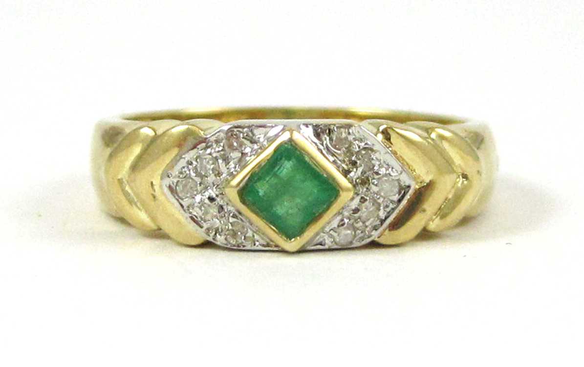 Appraisal: EMERALD DIAMOND AND FOURTEEN KARAT GOLD RING with five round-cut