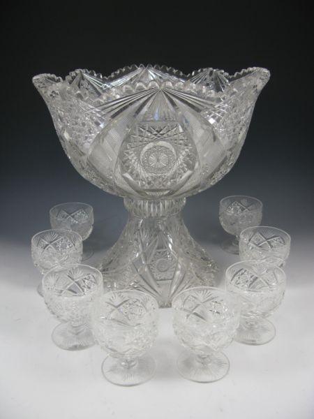 Appraisal: Fine Cut Glass Punchbowl on Stand with Cups early th