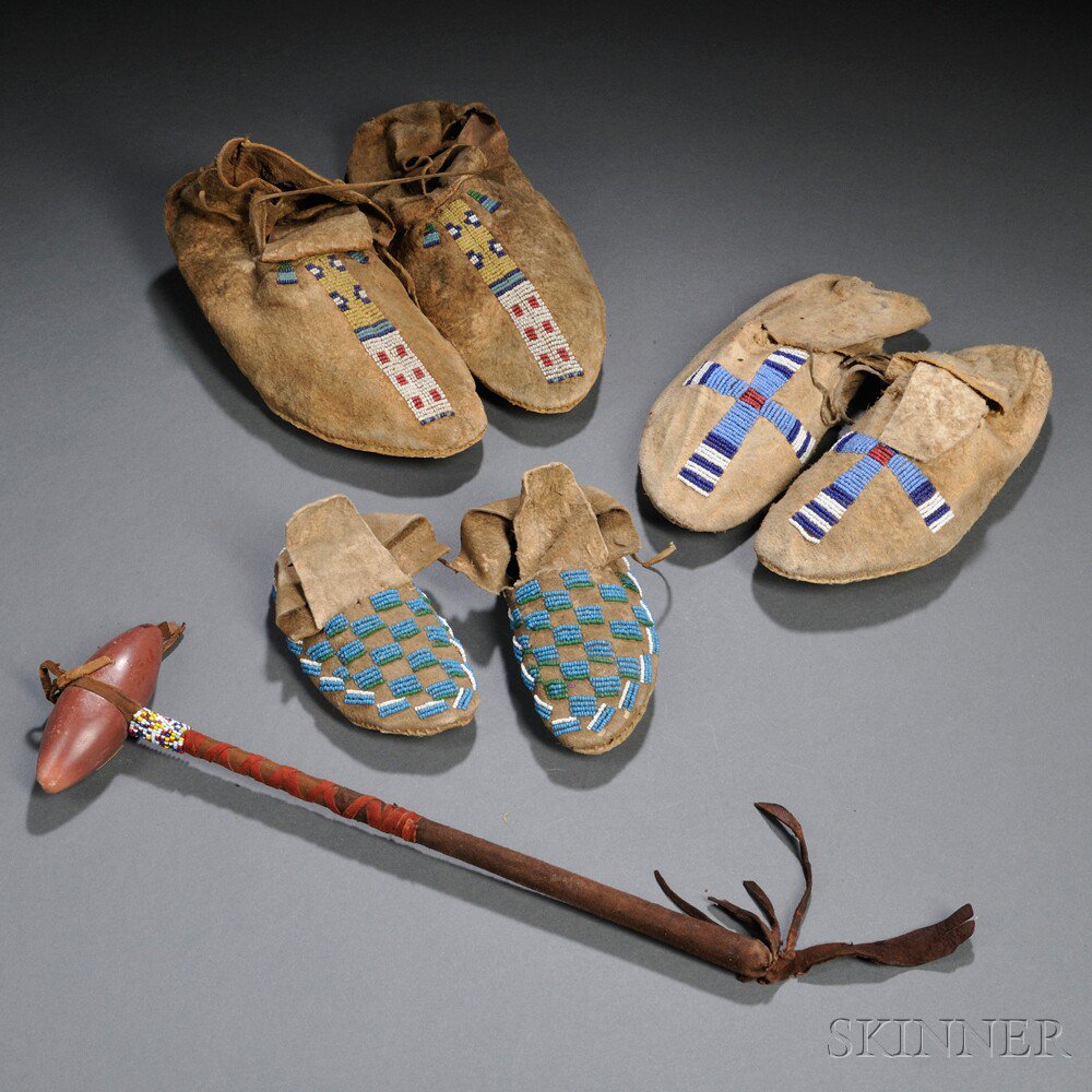 Appraisal: Three Pairs of Partially Beaded Hide Moccasins and a small