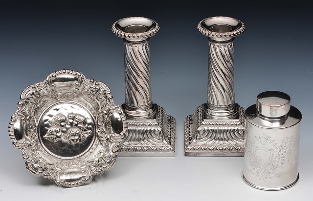 Appraisal: Pair of silver plated candlestickswith fluted stems and square cut