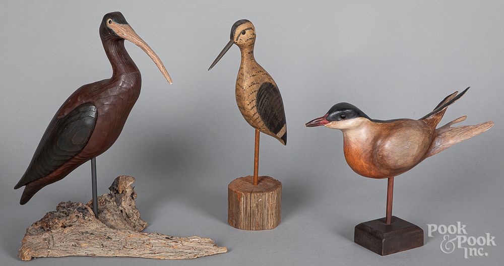 Appraisal: Three carved and painted shorebirds Three carved and painted shorebirds