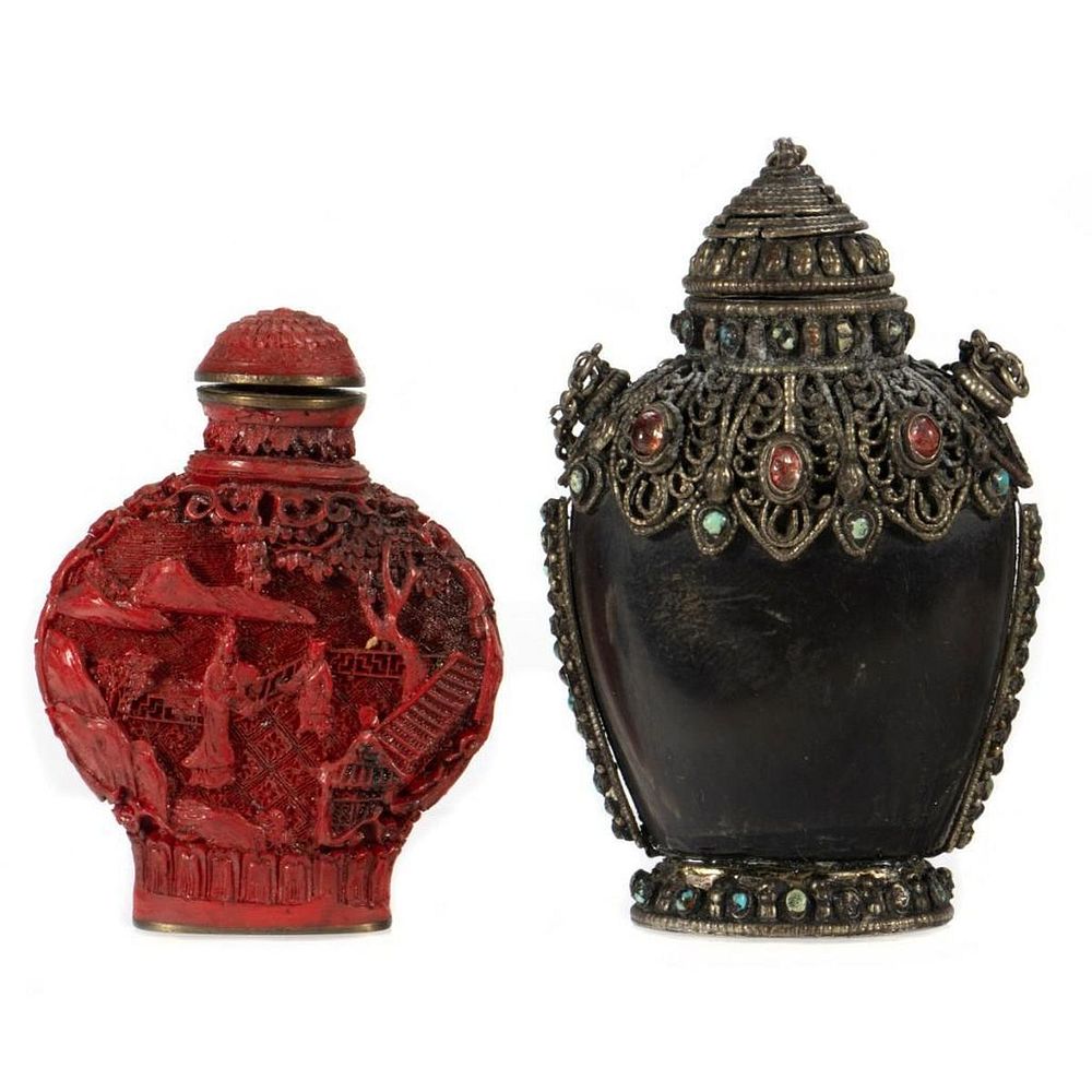 Appraisal: Asian Snuff Bottles The first of carved cinnabar the second