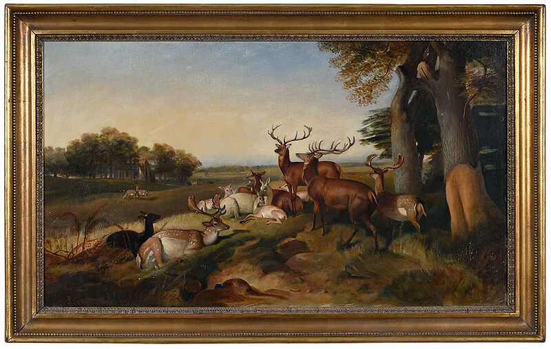 Appraisal: British School Painting th century Deer and Pheasants Resting by