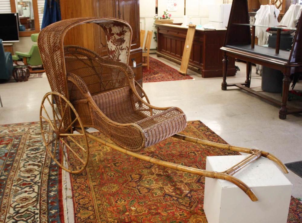 Appraisal: VINTAGE ASIAN WICKER AND RATTAN RICKSHAW a -wheel hooded cart