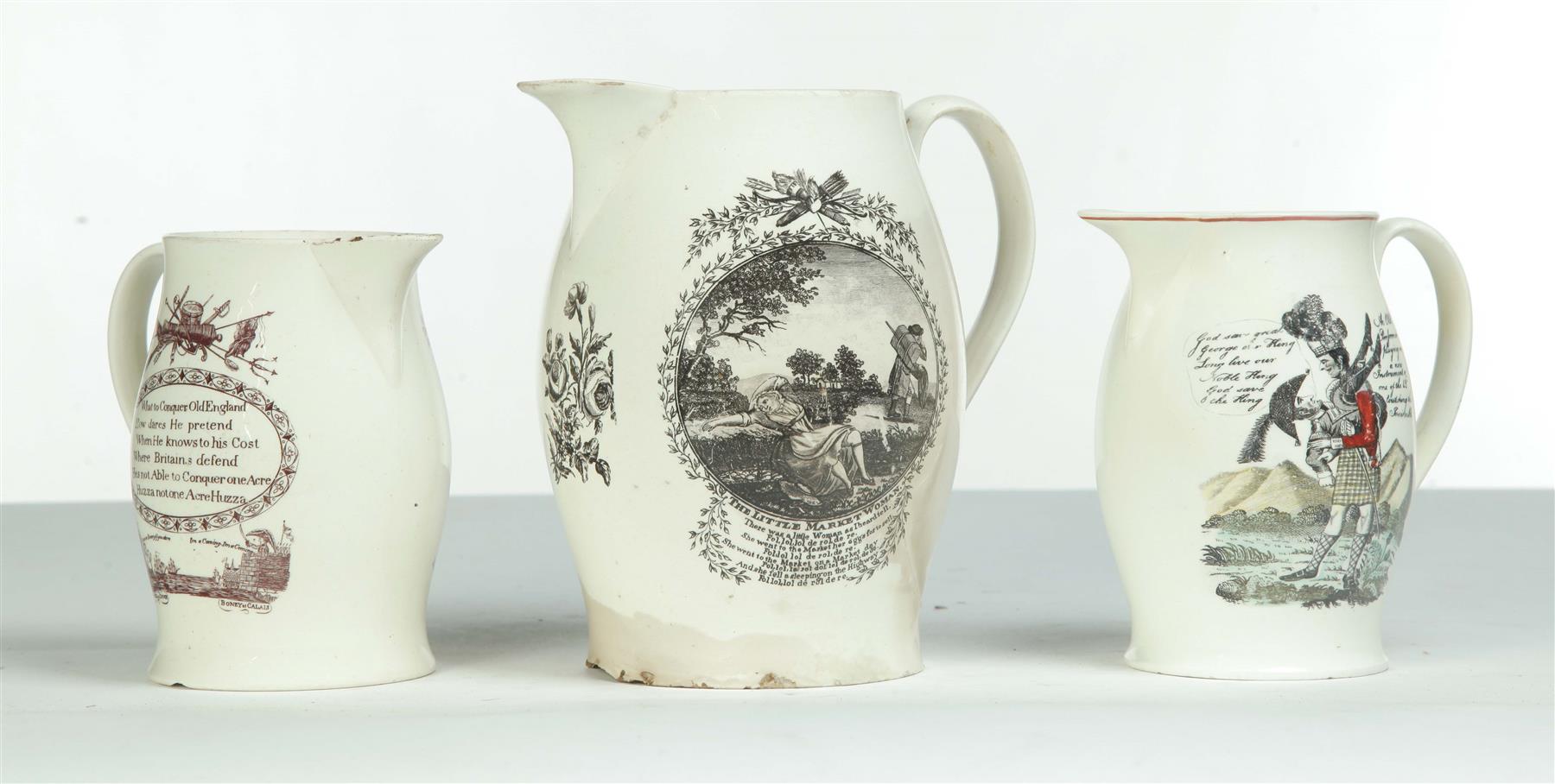 Appraisal: THREE LIVERPOOL JUGS WITH ENGLISH POLITICAL THEMES England ca creamware