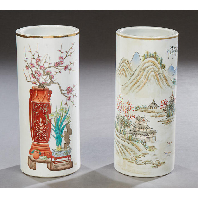 Appraisal: Two Chinese Porcelain Hat Stands th c with scenic and