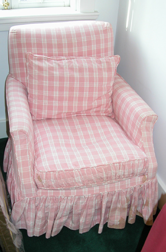 Appraisal: Upholstered Pink Checked Chair th century Unknown x x inches