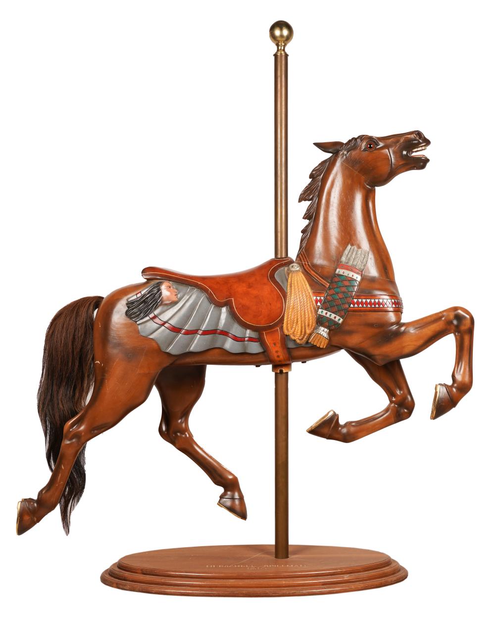 Appraisal: PAINTED WOOD CAROUSEL HORSEthe horse on brass pole mounted to