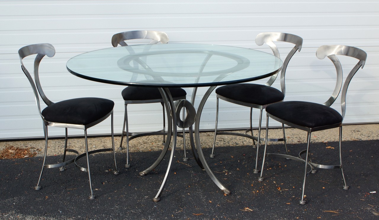 Appraisal: Mid-Century Modern Brushed Metal Table with glass top and chairs