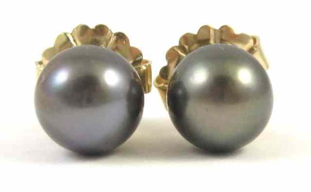 Appraisal: PAIR OF BLACK PEARL EAR STUDS each k yellow gold