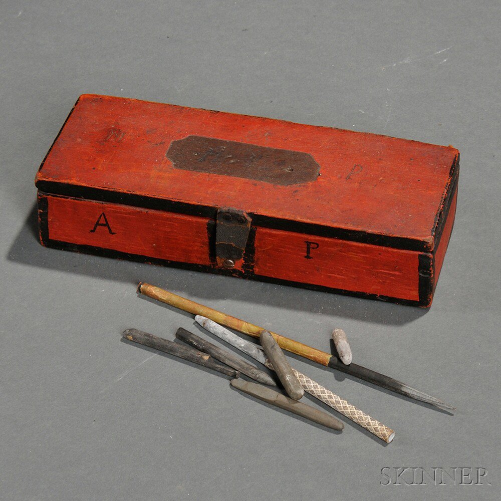 Appraisal: Small Red-painted Box and Contents and a Paint-decorated Box of