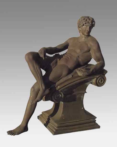 Appraisal: LARGE BRONZE SCULPTURE OF PARTIALLY CLAD MALE FIGURE SEATED AFTER