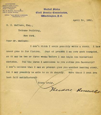 Appraisal: piece Typed Letter Signed Roosevelt Theodore Washington D C April