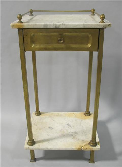 Appraisal: BRASS AND MARBLE TOP STAND Square marble top over single