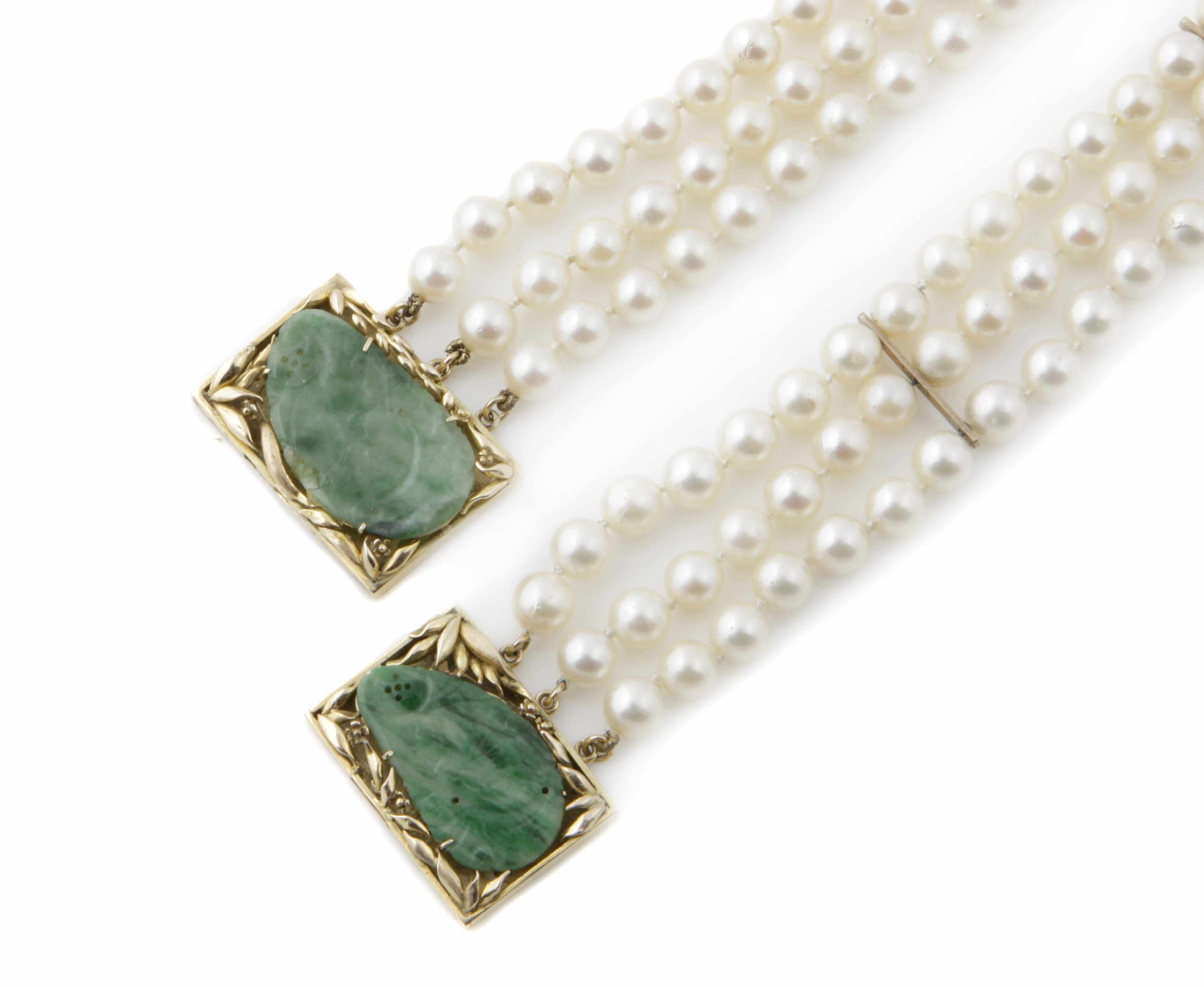 Appraisal: A collection of cultured pearl jade and gold jewelry comprising