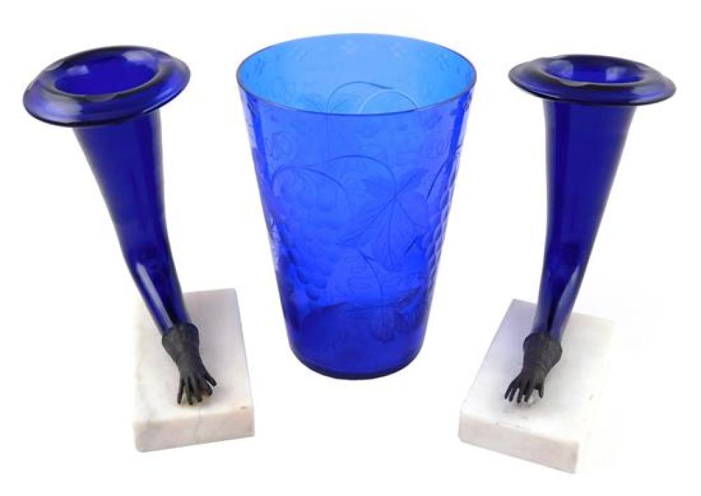 Appraisal: GLASS Three cobalt glass vases including pair of early th