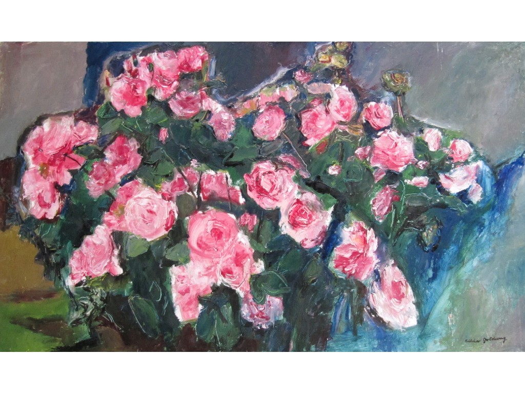 Appraisal: HILDA GOLDWAG - Oil on board 'Pink Roses' signed x