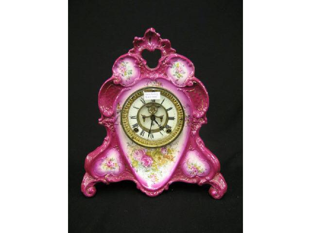 Appraisal: Ansonia Royal Bonn Porcelain Mantle Clock rich floral sprays burgundy