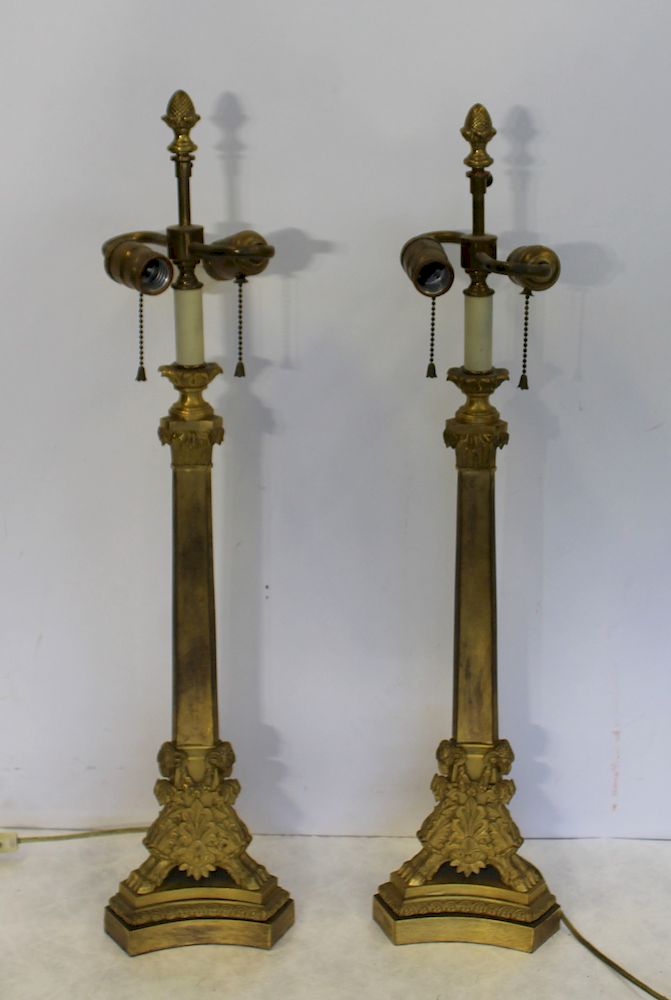 Appraisal: Pair of Antique Gilt Bronze Column Form Table Lamps on