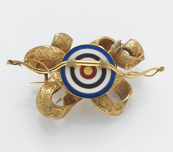 Appraisal: A Victorian enamel and k gold archery award brooch length