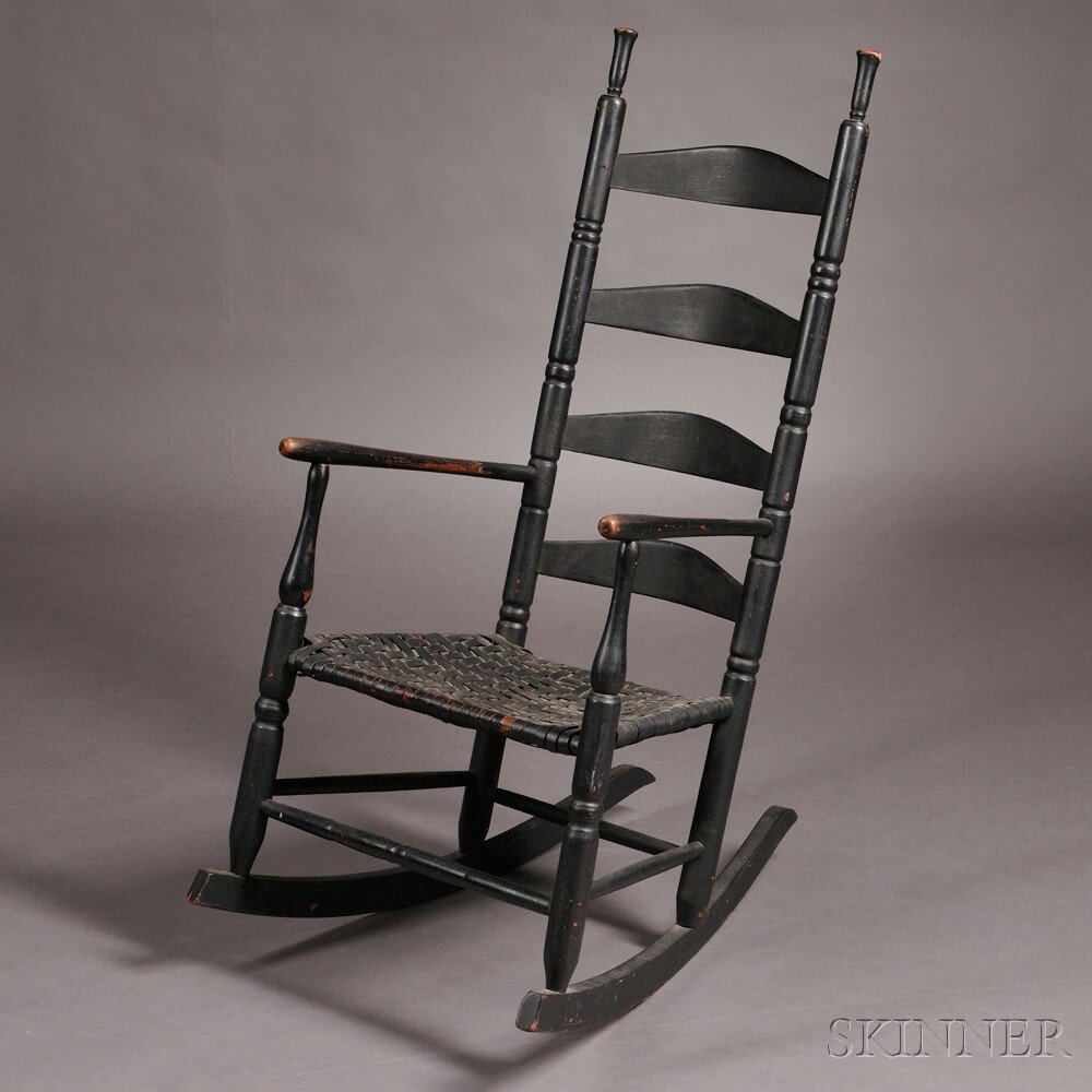 Appraisal: Black-painted Slat-back Armed Rocking Chair possibly New England late th