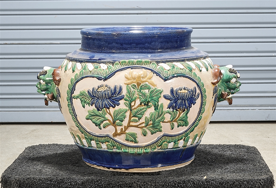 Appraisal: Chinese painted porcelain jardiniere with beast head mold handles and