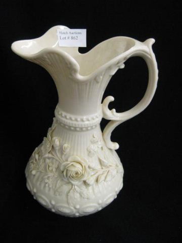 Appraisal: Irish Belleek Porcelain Pitcher applied flowers green mark excellent