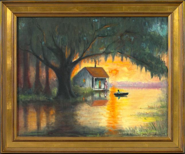 Appraisal: Steele Burden American Louisiana - Bayou Cabin Scene with Figures