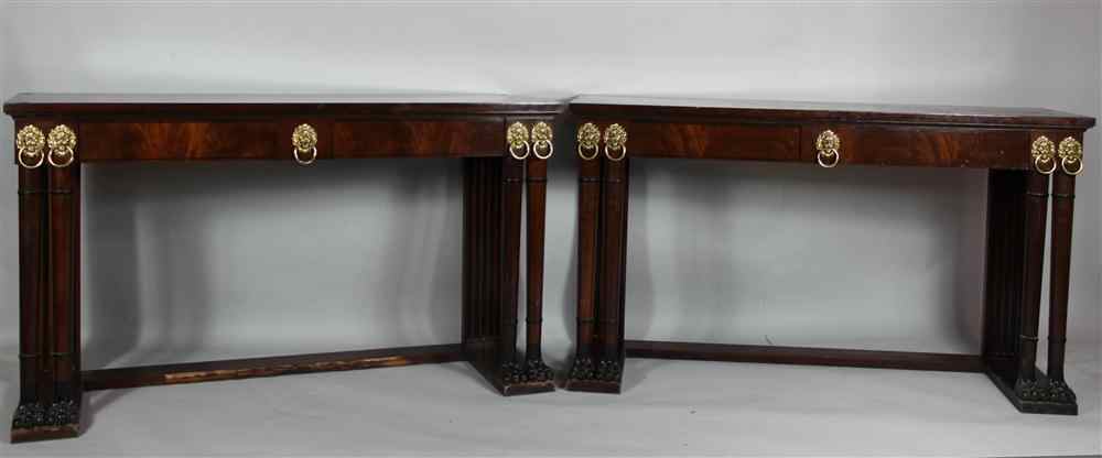 Appraisal: PAIR OF REGENCY STYLE INLAID MAHOGANY BRASS MOUNTED CONSOLES each