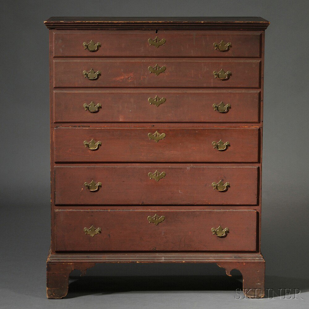 Appraisal: Red-painted Maple and Poplar Tall Chest over Three Drawers southern