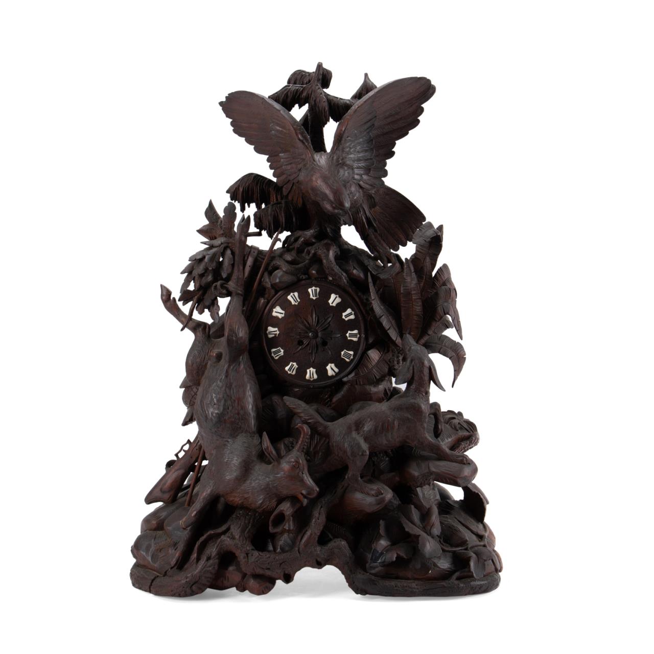 Appraisal: TH C LARGE BLACK FOREST CARVED CLOCK Large Swiss or