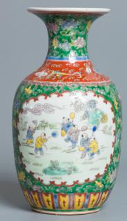 Appraisal: Qianlong Famille Verte Vase With two paneled scenes depicting figures