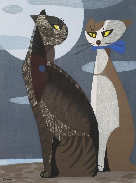 Appraisal: Tomo Inagaki - Woodblock print depicting two cats Titled Cats