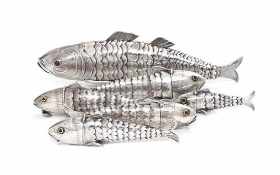 Appraisal: A Collection of Six Silver or Silverplate Reticulated Fish of