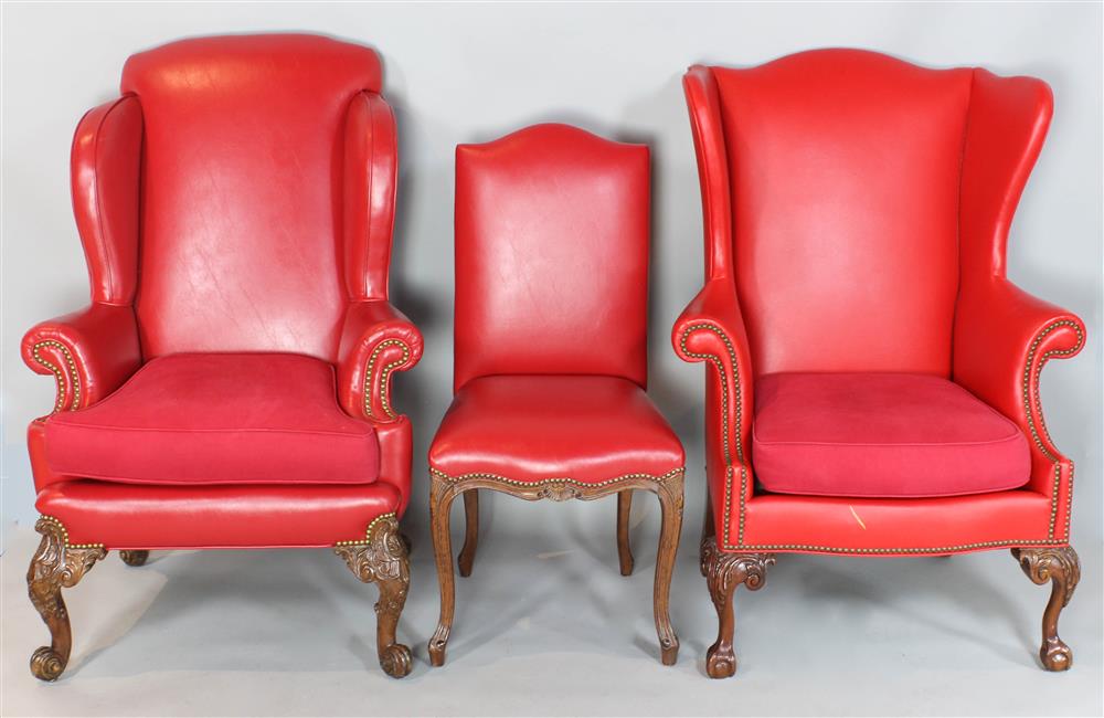 Appraisal: TWO GEORGE II STYLE RED LEATHER WING ARM CHAIRS both