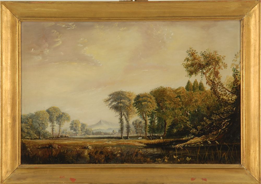 Appraisal: AMERICAN SCHOOLLate th CenturyPrimitive landscape depicting a valley with grazing