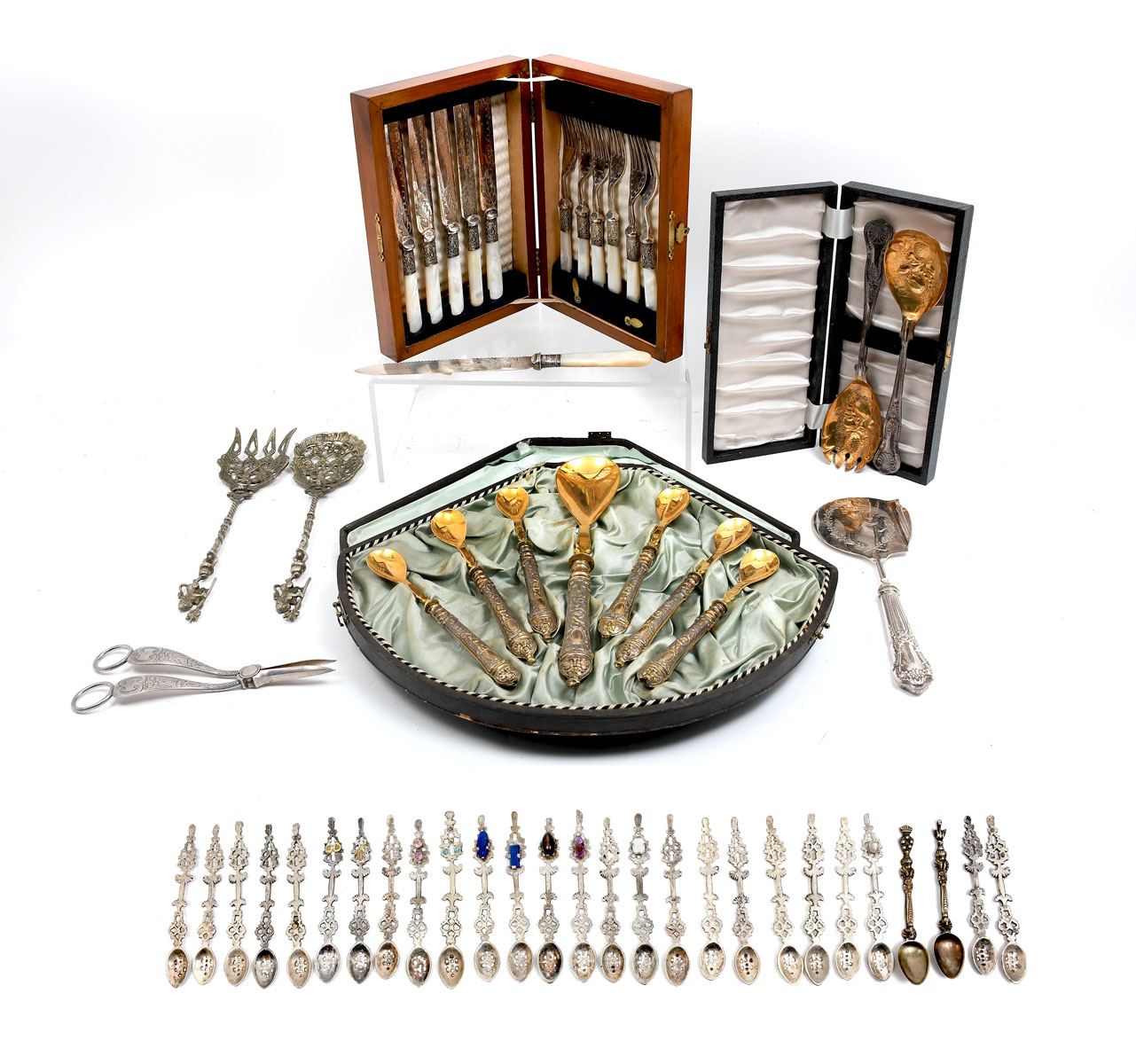 Appraisal: LARGE LOT PRESENTATION CASED FLATWARE AND SERVING PLATTER Comprising An