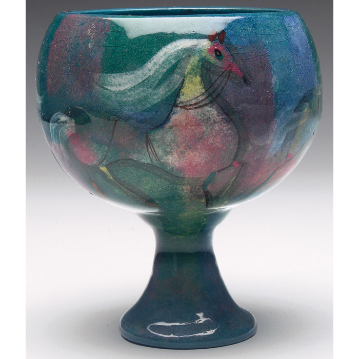 Appraisal: Polia Pillin chalice footed form with colorfully painted horses against