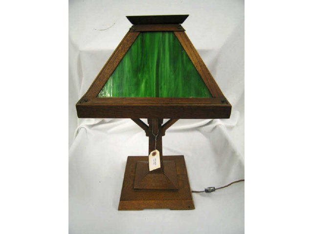 Appraisal: Arts Crafts Table Lamp oak with green slag shade all