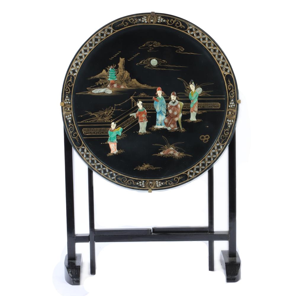 Appraisal: CHINESE LACQUER GATE LEG TILT TOP SIDE TABLE WITH APPLIED