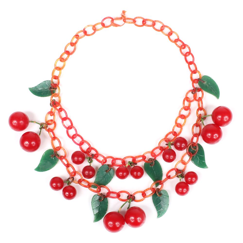 Appraisal: VINTAGE BAKELITE RED DOUBLE STRAND CHERRY FRUIT DANGLE BIB NECKLACE