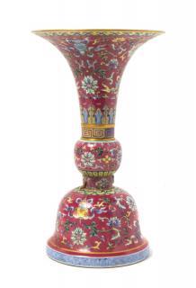 Appraisal: A Ruby-Ground Famille Rose Porcelain Gu-Form Vase having a central