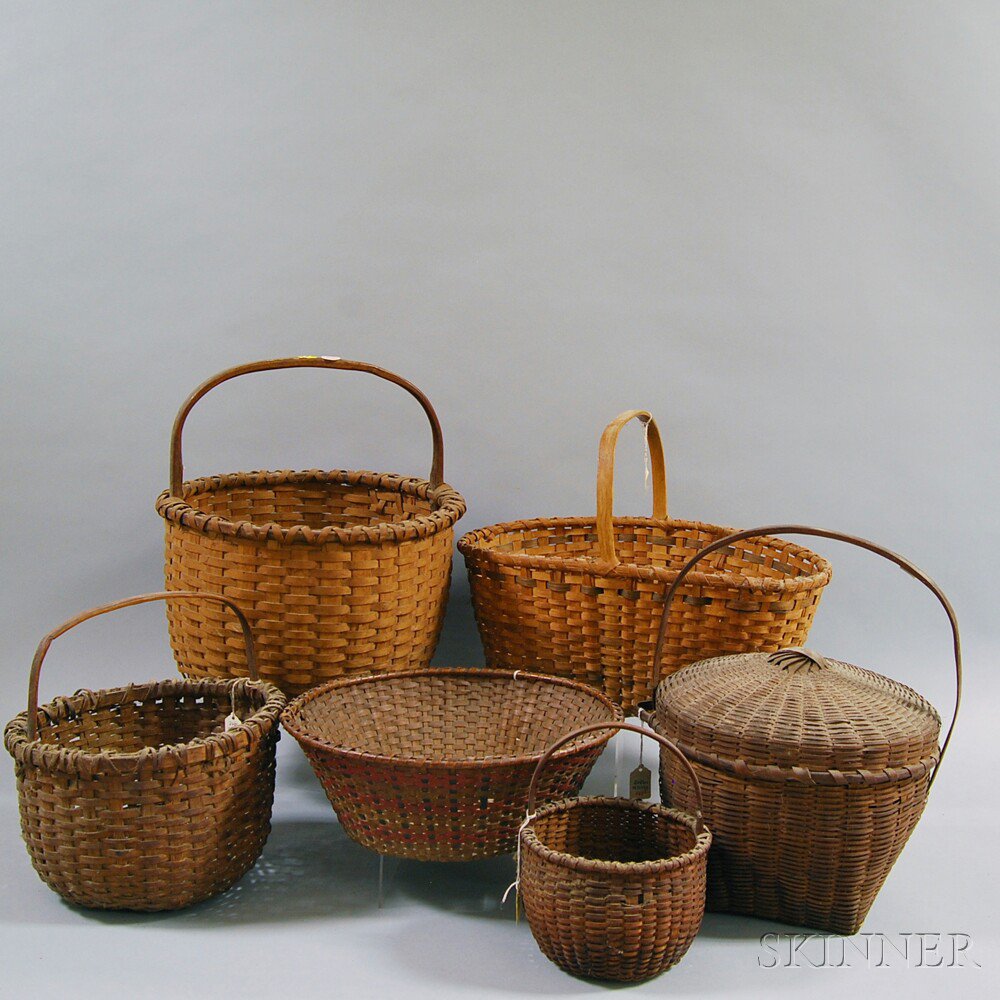 Appraisal: Six Woven Splint Baskets five handled baskets one with lid