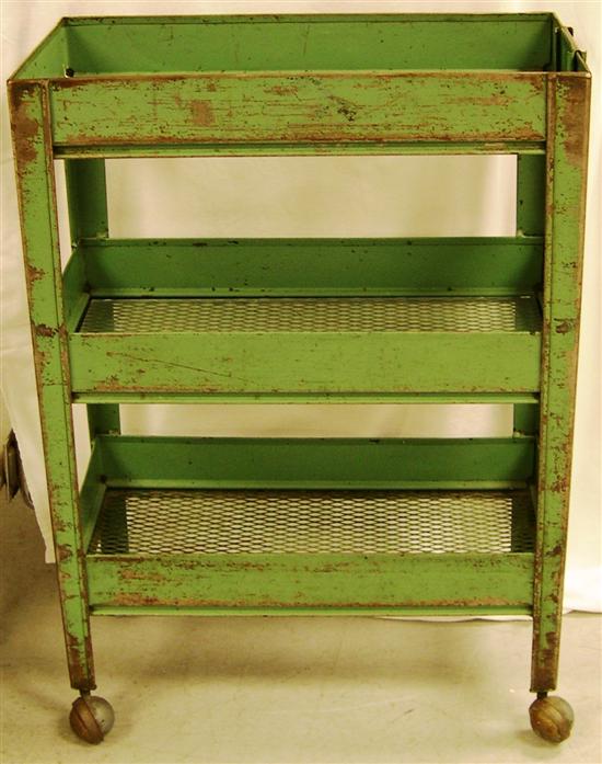 Appraisal: Green painted industrial three tier wire plant stand on rolling